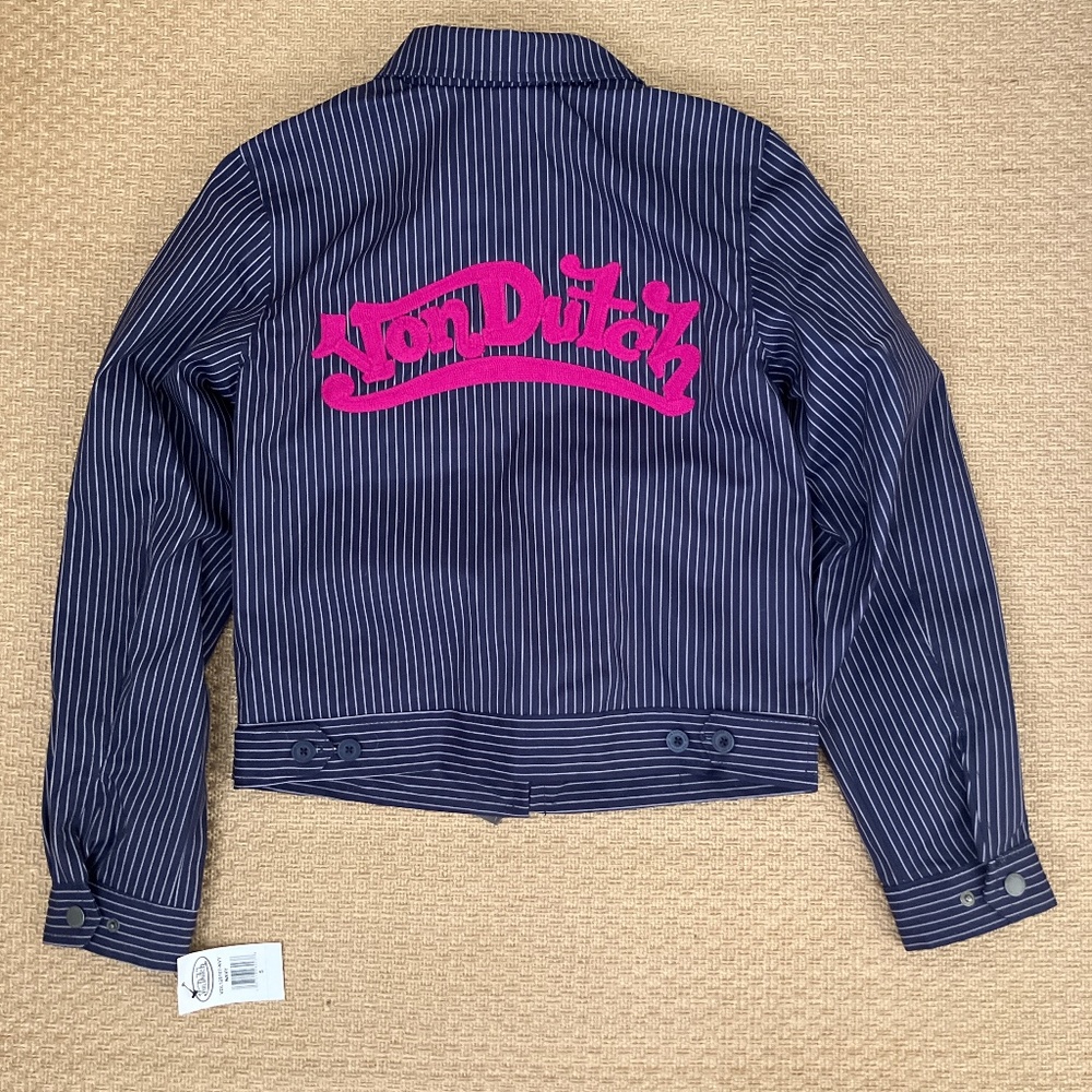 NWT VON DUTCH navy and pink pinstripe utility mechanical crop jacket